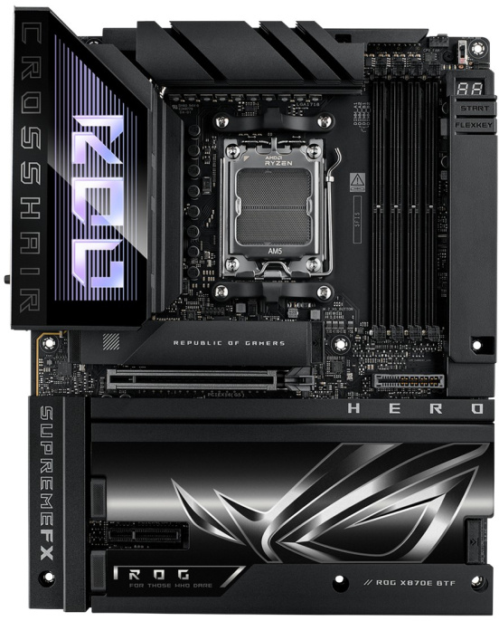 Материнская плата ASUS ROG CROSSHAIR X870E HERO BTF ATX, 30.5x24.4 см, AMD X870E, 4xDDR5 DIMM, 8600МГц, до 256GB, звук 7.1, 4xSATA3.0 6Gb/s , 5xM.2, 1xPCIe5.0x16, 1xPCIe4.0x4, 1хHDMI, 2xUSB4