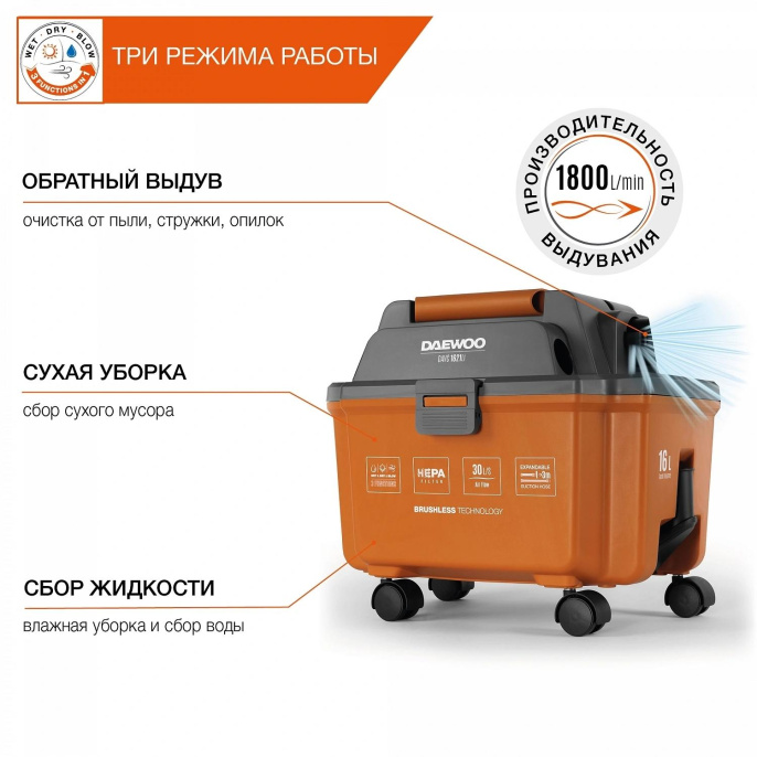Строительный пылесос Daewoo DAVC 1621Li SET,  аккумуляторный,  оранжевый