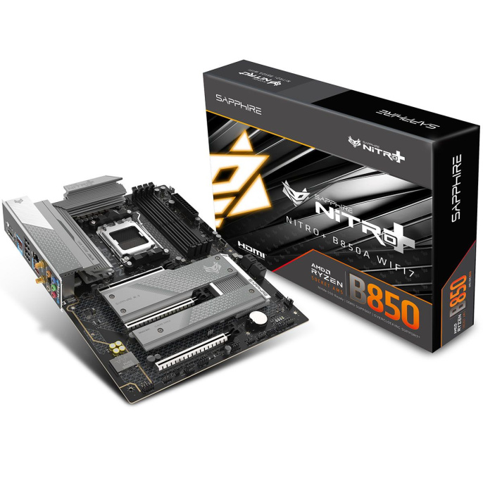 Материнская плата Sapphire B850A NITRO+ WIFI7 B850, AM5, 4*DDR5, 3*PCIEx16, 3*M.2, 2*TypeC, 3*USB3.2Gen2, 2*USB3.2Gen1, 6*USB2.0, 4*SATA3.0, 2.5G, DP, HDMI, ATX, RTL 52123-03-40G