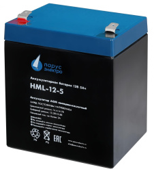 Батарея Парус Электро, профессиональная серия HML-12-5, напряжение 12В, емкость 5.2Ач разряд 20 часов , макс. ток разряда 5сек 75А, макс. ток заряда 2А, свинцово-кислотная типа AGM, клеммы F2, ДхШхВ 90х70х101мм., полная высота с клеммами 107мм., вес 1.