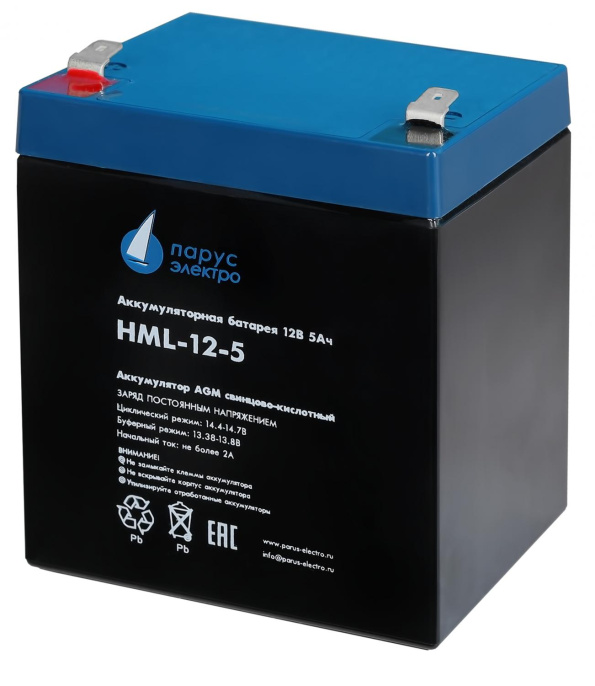 Батарея Парус Электро, профессиональная серия HML-12-5, напряжение 12В, емкость 5.2Ач разряд 20 часов , макс. ток разряда 5сек 75А, макс. ток заряда 2А, свинцово-кислотная типа AGM, клеммы F2, ДхШхВ 90х70х101мм., полная высота с клеммами 107мм., вес 1.