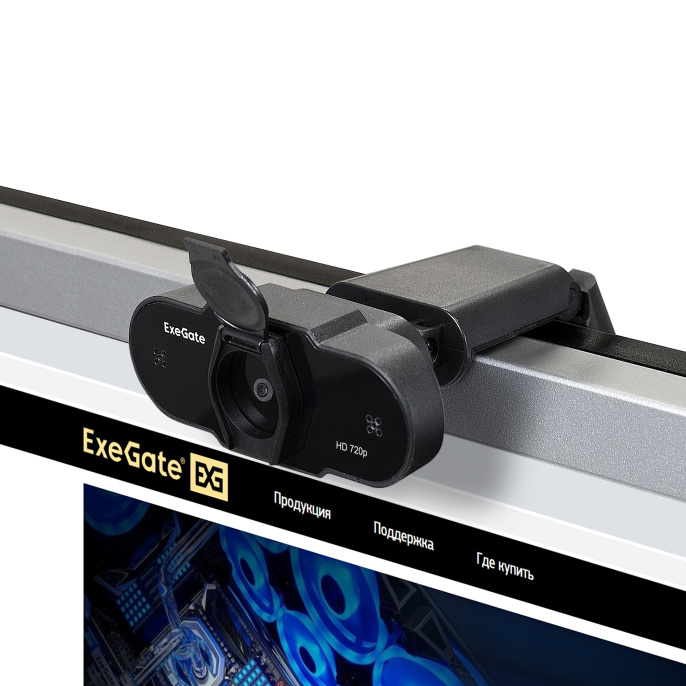 Веб-камера ExeGate BlackView C525 HD Tripod 1.3Мп, 1280х720, 720P, 30fps, защитная шторка, штатив Flex в комплекте, фиксированный фокус, 4-линзовый объектив, микрофон с шумоподавлением, универсальное крепление, USB, кабель 1,5 м, Windows® 7/8/10/11, Mac