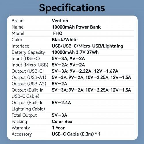 Power Bank Vention 10000mAh Micro-USB/C/A/A со встроенными кабелями 22.5W Белый с LED Дисплеем, шт. FHOW0