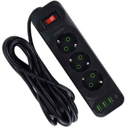 Сетевой удлинитель Amper JH-1081U-4B, 4,0м, 3 розетки, 10А, 2500 Вт, 3usb,1Type-C, черный.
