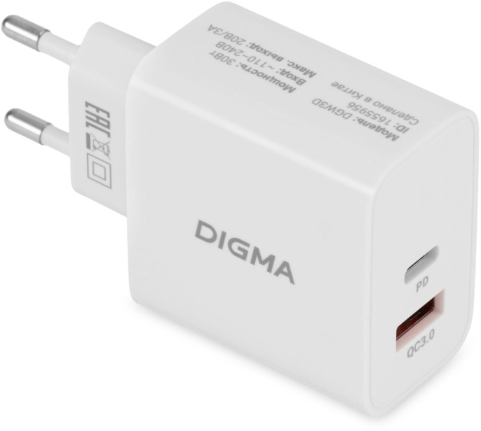 Сетевое зарядное устройство Digma DGW3D,  USB-A,  USB-C, 30Вт, 3A, белый [dgw3d0f110wh]