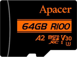 Карта памяти Apacer AP64GMCSX10U8-R 64GB + Adapter microSDXC, класс 10, UHS-I класс U3 , V30, A2, скорость чтения: 100МБ/с, скорость записи: 80МБ/с, с адаптером