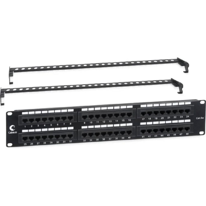 Cabeus PL-48-Cat.6a-Dual IDC Патч-панель 19" (2U), 48 портов RJ-45, категория 6a, Dual IDC, с задним кабельным организатором