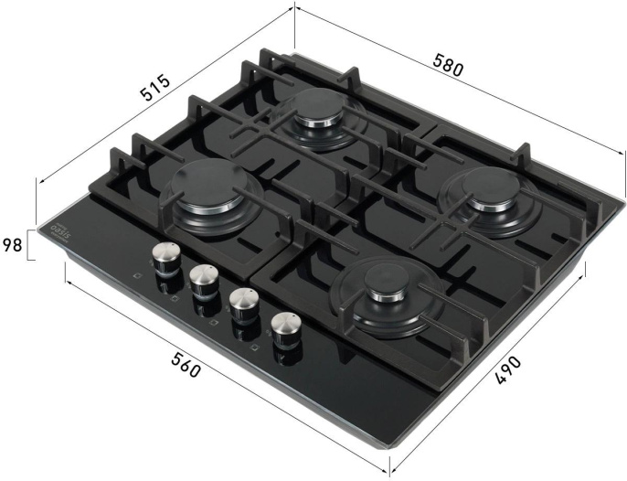 Газовая варочная панель OASIS P-GEB,  4 конфорки,  закаленное стекло,  черный
