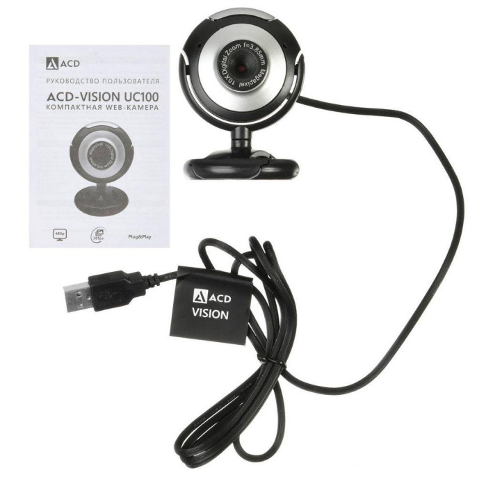 Веб-камера ACD-Vision UC100 CMOS 0.3МПикс, 640x480p, 30к/с, микрофон встр., кабель USB 2.0 1.5м, универс. крепление, черный корп. RTL {60} 551745 ACD-DS-UC100
