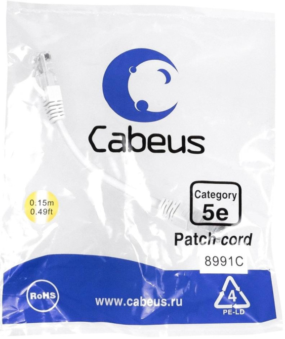 Патч-корд Cabeus PC-UTP-RJ45-Cat.5e-0.15m-WH-LSZH U/UTP RJ-45 вил.-вилка RJ-45 кат.5E 0.15м белый LSZH
