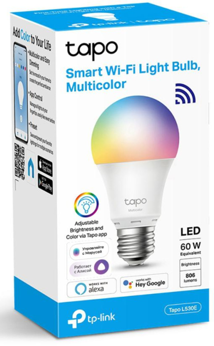 Умная Wi-Fi лампа/ WiFi Bulb, A60 size, E27, 9.5W, 2000k-6500k tunable white, 800 lumens (Tapo L530E)