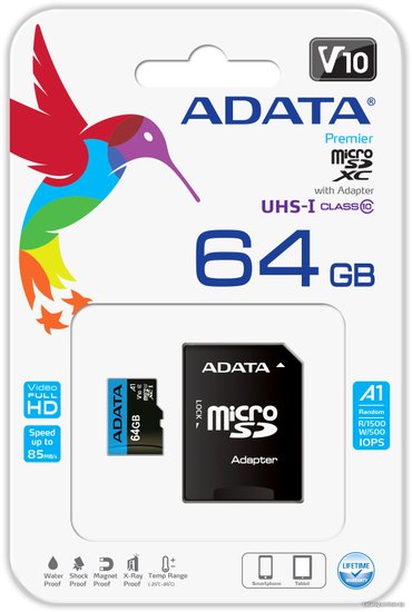 Флеш карта microSDXC 64GB A-Data AUSDX64GUICL10A1-RA1 Premier + adapter