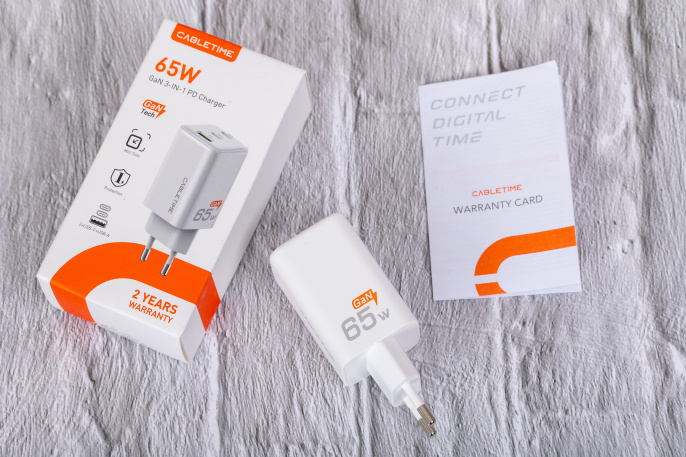 Сетевое зарядное устройство CABLETIME GA65W (CT-GAN65-PW) GaN PD3.0 2C1A 65 Вт, белый