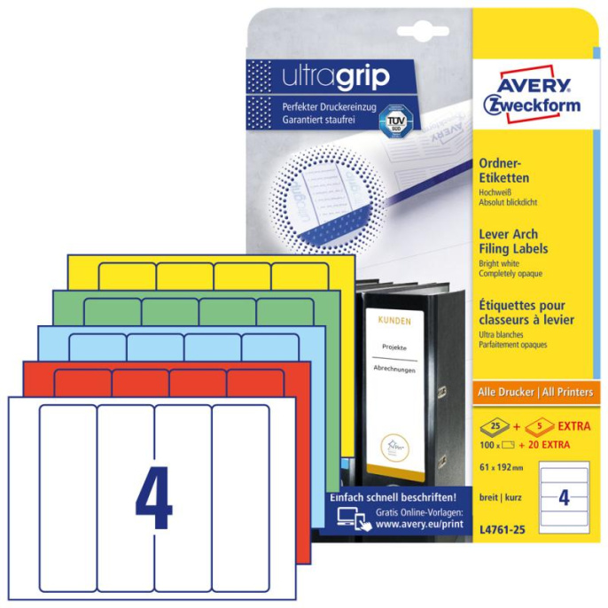 Этикетки Avery Zweckform L4761-25, A4, универсальная, 25л, 80г/м2, белый, 192мм х 61мм, 4шт