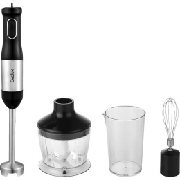 Погружной блендер EVELUX, 20 скоростей, 3 насадки, турборежим, кнопочное управление, венчик для взбивания, мерный стакан, защита от перегрева, цвет черный EHB 0301 B