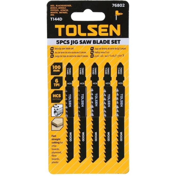 Полотна по дереву Т144D 5 шт, HCS, 100 мм для электролобзика TOLSEN 76802