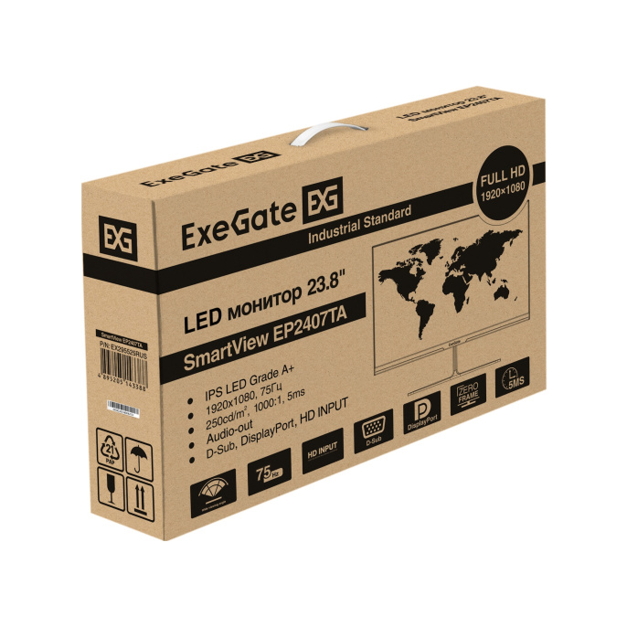 Монитор ExeGate SmartView EP2407TA EX295525RUS (23.8" IPS LED Grade A+, FHD, 1920x1080@75Гц, 16:9, 250cd/m2, 1000:1, 178°/178°, 5ms, D-Sub, HDMI2.0, DisplayPort, audio-out, встроенный БП, FreeSync, Flicker-free, Low Blue Light, кабель