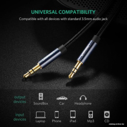 Кабель UGREEN AV112-10686 AUX 3.5mm M to AUX 3.5mm M , позолоченные коннекторы, Качество стереозвучания Hi-Fi, в нейлоновой оплётке, 1,5m, Blue