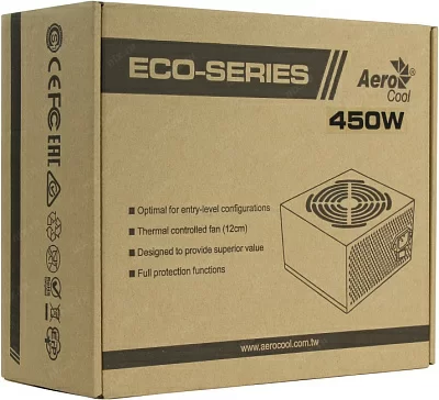 Блок питания Aerocool 450W ECO-450W (24+4+4pin) 120mm fan 2xSATA RTL