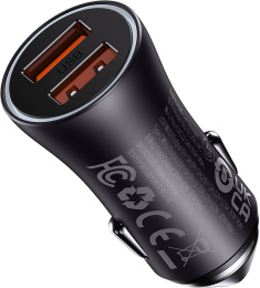 Автомобильное зарядное Baseus CGJM000013 Golden Contactor Max Dual Fast Charger U+U 60W Dark Gray 8.0А, быстрая зарядка, выходное напряжение: 5В, 9В, 10В, 12В, материал корпуса: алюминий, ABS, PC