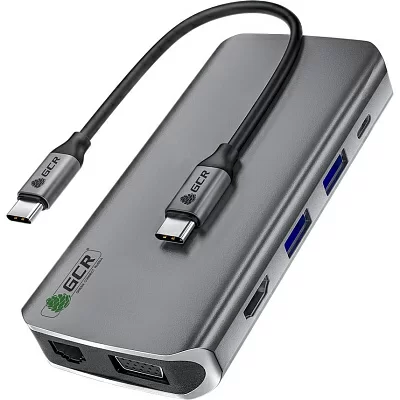 GCR TypeC Hub 10 в 1 HDMI + VGA + RJ45 + USB3.0 x3 + Card Reader + Audio + TypeC PD Greenconnect GCR-VHUSDA45