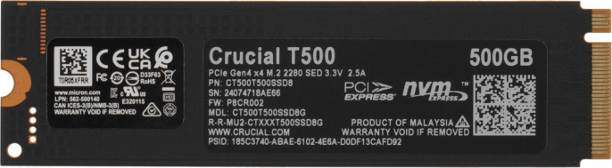 SSD накопитель Crucial T500 500ГБ, M.2 2280, PCIe 4.0 x4,  NVMe,  M.2 [ct500t500ssd8]