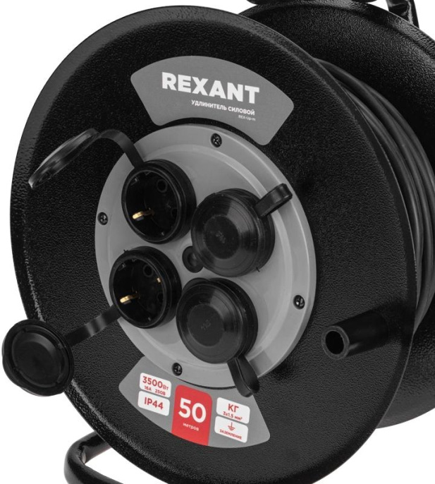 Удлинитель силовой Rexant КГ 13-5013 3x1.5кв.мм 4розет. 50м КГ 16A метал.катушка черный