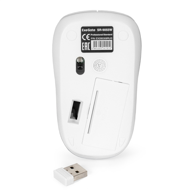 Беспроводная мышь ExeGate Professional Standard SR-9055W радиоканал 2,4 ГГц, USB, оптическая, 1200dpi, 3D, 3 кнопки и колесо прокрутки, белая, Color Box EX295308RUS