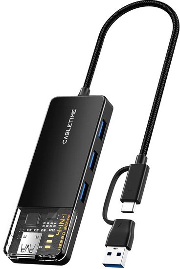 Концентратор CABLETIME CB03B (CT-HUBT3-PB) 4 порта, 5Gbps, 0.15 м, с адаптером USB-C, USB-хаб для ноутбука и ПК