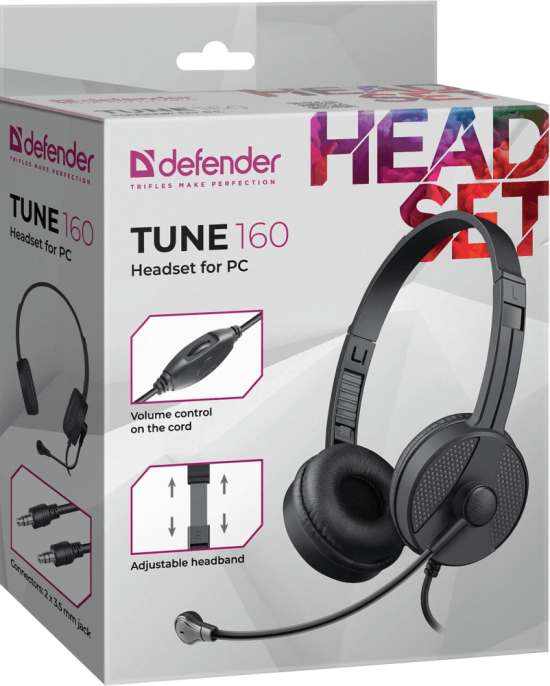 Гарнитура проводная DEFENDER Tune (Мотив) 160 черный (2хJack 3.5mm, кабель 1.8м) (63164)