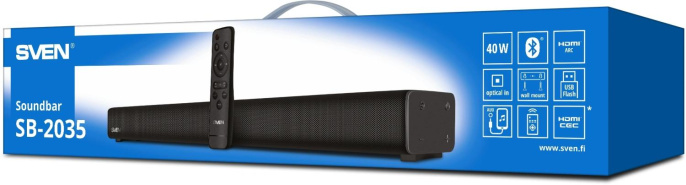 Саундбар Sven SB-2035 SV-022419 40 Вт, Bluetooth, режим вопроизведения: стерео, диапазон частот: 80-20000 Гц, размер динамиков: 78x40 мм, разъемы: AUX, HDMI, SPDIF Optical , пульт ДУ