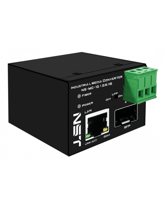 Промышленный компактный медиаконвертер NST NS-MC-1G1GX/IS Gigabit Ethernet, SFP 1000Мбит/c, RJ45 10/100/1000Мбит/c, поддержка LFP; Встроенная грозозащита 6kV. Питание: 1 x вход DC12-57V 6W , БП в комплект НЕ входит