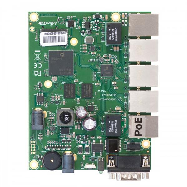 Маршрутизатор MikroTik RouterBOARD 450Gx4 with four core 716MHz Atheros CPU, 1 GB RAM, 5 Gigabit LAN ports, PoE OUT on port #5, RouterOS L5 RB450Gx4