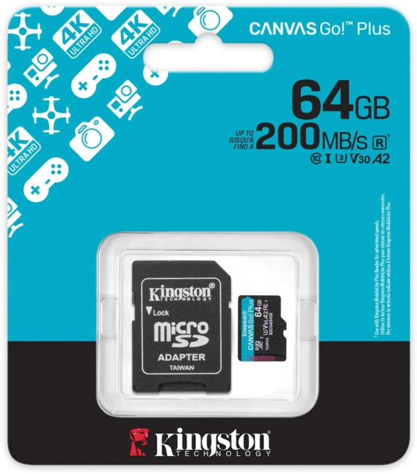 Карта памяти Kingston SDCG4/64GB  SecureDigital Micro 64GB microSDXC Canvas Go Plus Gen4 200MB/s A2 U3 V30 Card + Adapter (4K UHD Video)