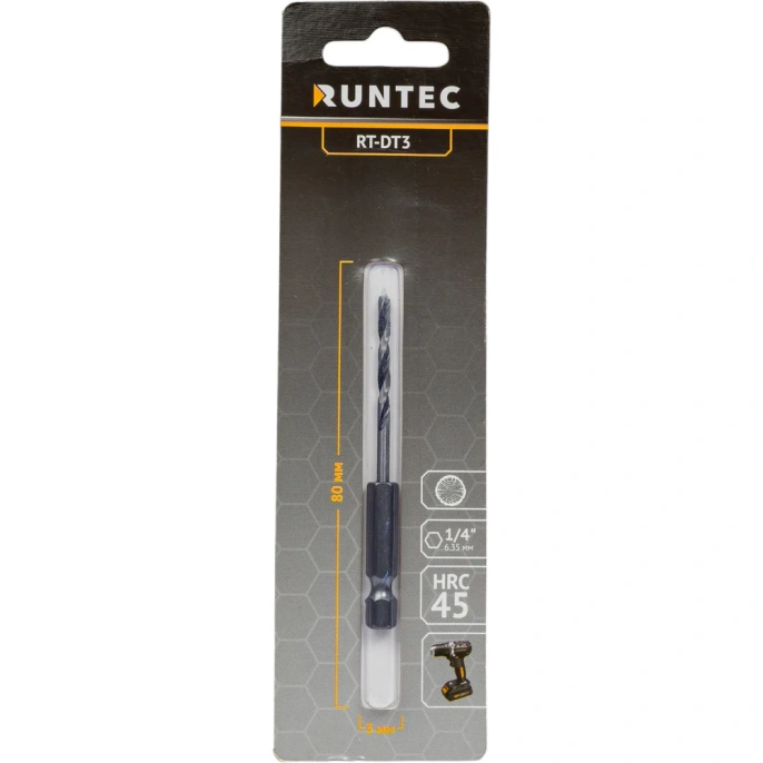 Сверло по дереву HRC45 3x80 мм, HEX RUNTEC RT-DT3