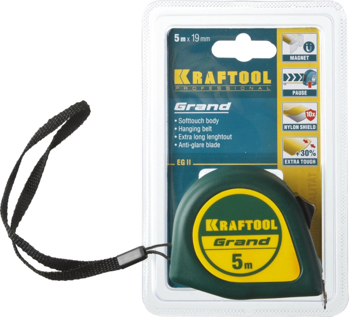 Рулетка строительная Kraftool Grand, 5м x 19мм, с магнитным зацепом [34022-05-19]
