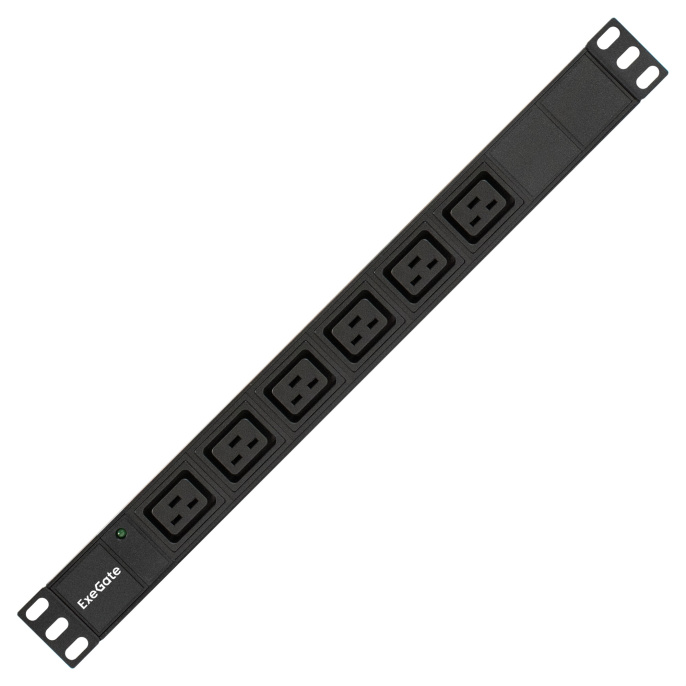 Блок розеток с кабелем с евровилкой ExeGate ServerPro PDU-19H013 Al-6C19-EU3CU (19", 1U, Алюминий, 6*IEC 320 C19, Евровилка EU/Тип F(Schuko) VDE-250V-16A-3*1.5mm2, медь, 3 метра, индикатор питания, черный, RTL) EX280871RUS