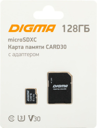 Карта памяти microSDXC UHS-I U3 Digma 128 ГБ, 90 МБ/с, Class 10, CARD30,  1 шт., переходник SD [dgfca128a03]