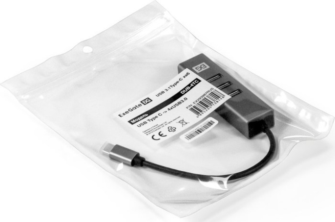 USB-Хаб (концентратор) 4-в-1 ExeGate DUB-4TC (кабель-адаптер USB Type C --> 4xUSB3.0, Plug&Play, корпус алюминиевый, серебристый) EX293987RUS