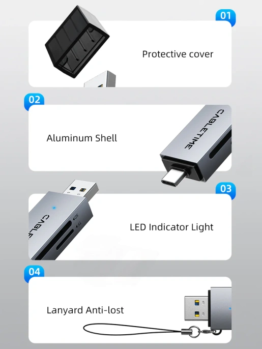 Кардридер CABLETIME CD40G (CT-ACSD3-AG) - USB 3.0, Type-C, адаптер SD/microSD, серый