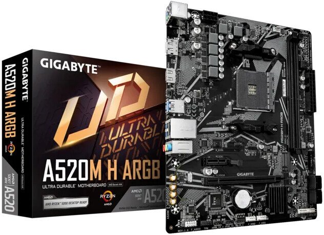 Материнская плата Gigabyte A520M H ARGB (rev. 1.0) mATX, сокет AMD AM4, чипсет AMD A520, память 2xDDR4, слоты: 1xPCIe x16 3.0, 1xM.2