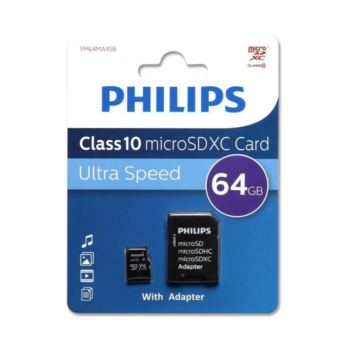 Флеш карта microSD 64GB PHILIPS microSDHC Class 10 SD адаптер (FM64MA45B/97)