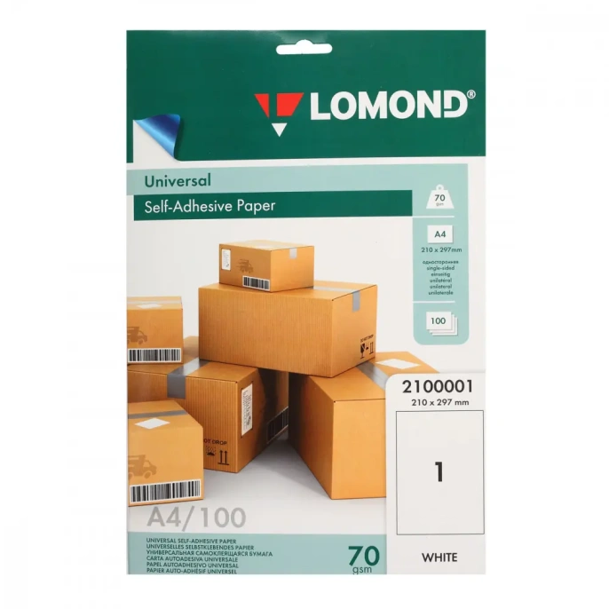 2100001 Самоклеящаяся бумага LOMOND универсальная для этикеток, A4, 210 x 297 мм , 70 г/м2, 100 листов