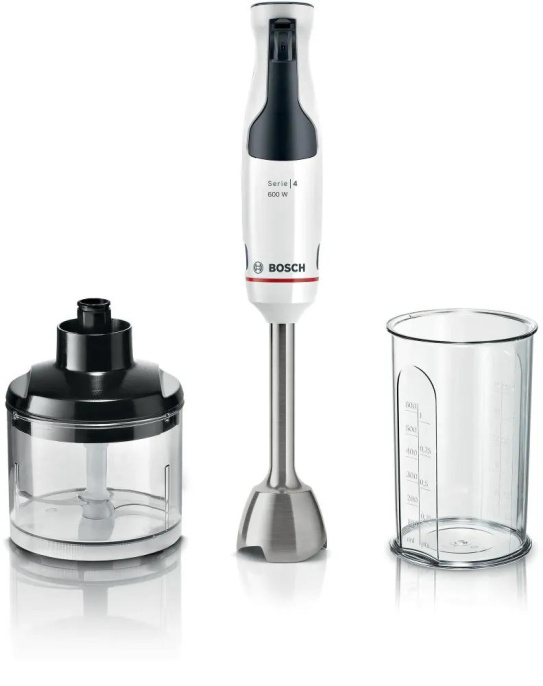 Блендер Bosch MSM4W220 (погружной, 600 Вт, питание: сеть, кабель питания: 1.4 м, материал ножки: металл, материал корпуса: пластик,чаша пластик: 0.6 л, цвет: черный/белый)
