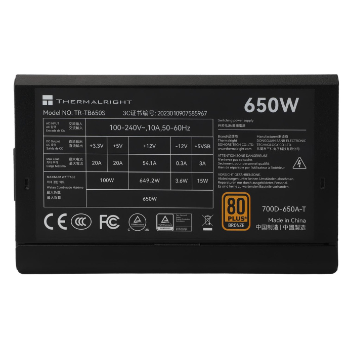 Блок питания 650W/ Power Supply Thermalright, 650W 80+ Bronze ATX, 3.0, Non-modular, 1x24 20+4 pin 550mm, 1xCPU*2 8 4+4 pin 600+150mm, 1xPCIe*2 8 6+2 pin 500+150mm, 1xSATA*3+MOLEX4pin*1 400+150+150+150mm, 1xSATA*2+MOLEX4pin*2 400+150+150+150mm, Active, 1 