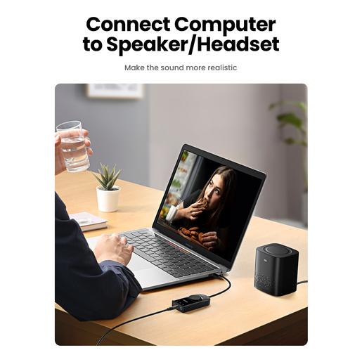 Аудио переходник UGREEN CM129-40964 USB to AUX 3.5mm, Mic & Ear, выход 1 - зеленый порт 3,5 мм для наушников, выход 2 - красный порт 3,5 мм для микрофона, выход 3 - комбинированный разъём для гарнитуры, функция отключения наушников и микрофона и регулято