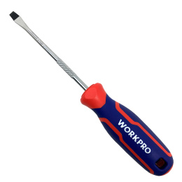 Отвертка WorkPro WP221016 (шлицевая, хром-ванадиевое лезвие, черный магнитный наконечник, эргономичная ручка для удобного захвата)