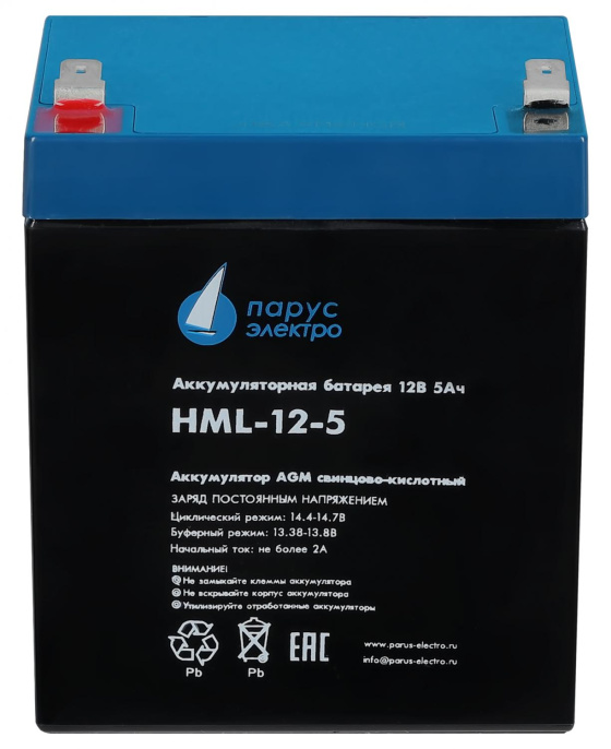 Батарея Парус Электро, профессиональная серия HML-12-5, напряжение 12В, емкость 5.2Ач разряд 20 часов , макс. ток разряда 5сек 75А, макс. ток заряда 2А, свинцово-кислотная типа AGM, клеммы F2, ДхШхВ 90х70х101мм., полная высота с клеммами 107мм., вес 1.