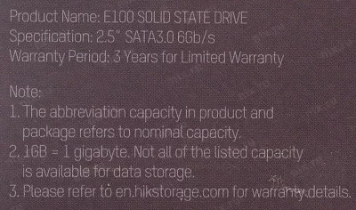 Накопитель SSD 512 Gb SATA 6Gb/s HIKVISION E100 HS-SSD-E100-512G 2.5" 3D TLC