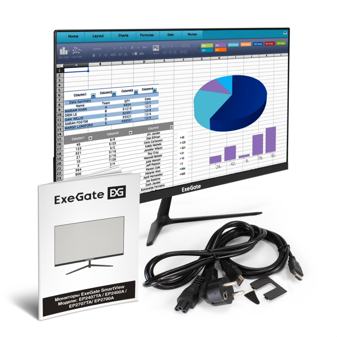 Монитор с внутренним БП и аудио выходом 23.8" ExeGate SmartView EP2400A IPS LED Grade A+, FHD, 1920x1080@75Гц, 16:9, 250cd/m2, 1000:1, 178°/178°, 5ms, D-Sub, HDMI, audio-out, встроенный БП, FreeSync, Flicker-free, Low Blue Light, кабель HDMI 1.5м, VESA,